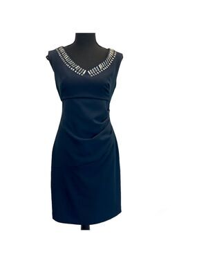 Maggy London navy blue ruched sleeveless bodycon dress jewelled neck collar 4